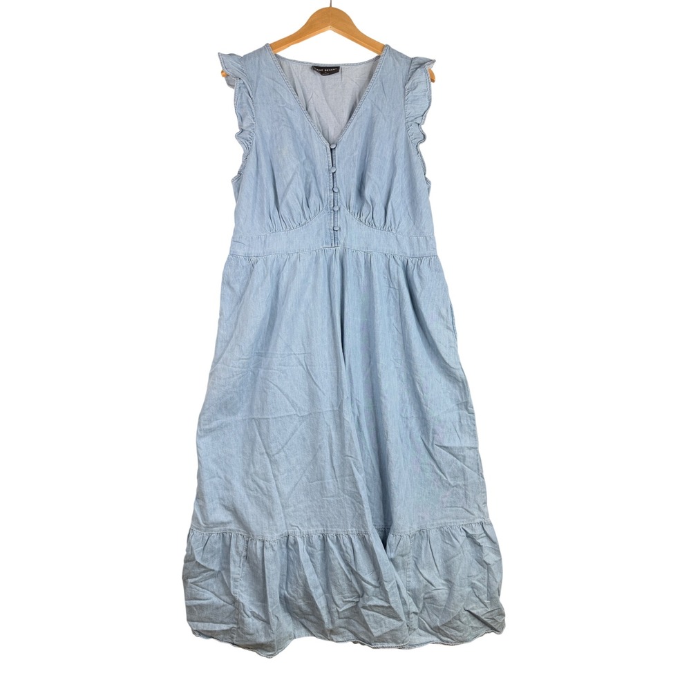 Lane Bryant Women Denim Chambray V-neck Ruffle Cap Sleeve Dress Ladies Size 14